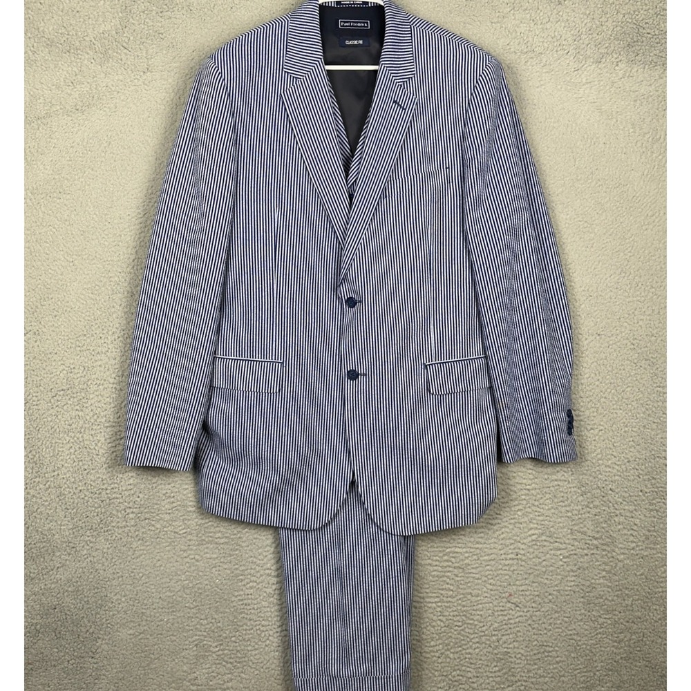 Paul Fredrick 3 Piece Suit Mens 44L 38X32 Classic Fit Blue Seersucker Stripes